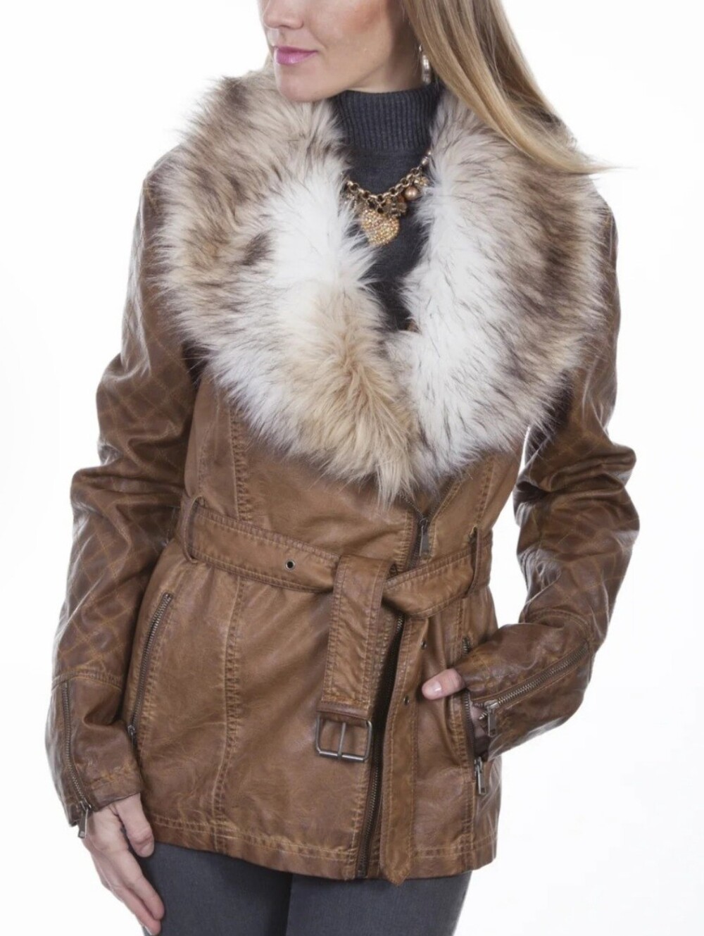 Honey Creek By Scully fur-collar Jacket Quilted in Brown XXL NWT